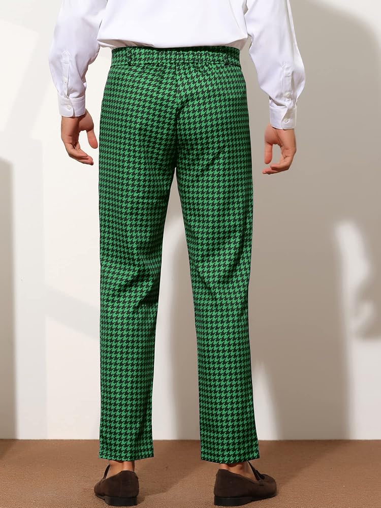 Lars Amadeus Green Houndstooth Dress Pants for Men's Flat Front